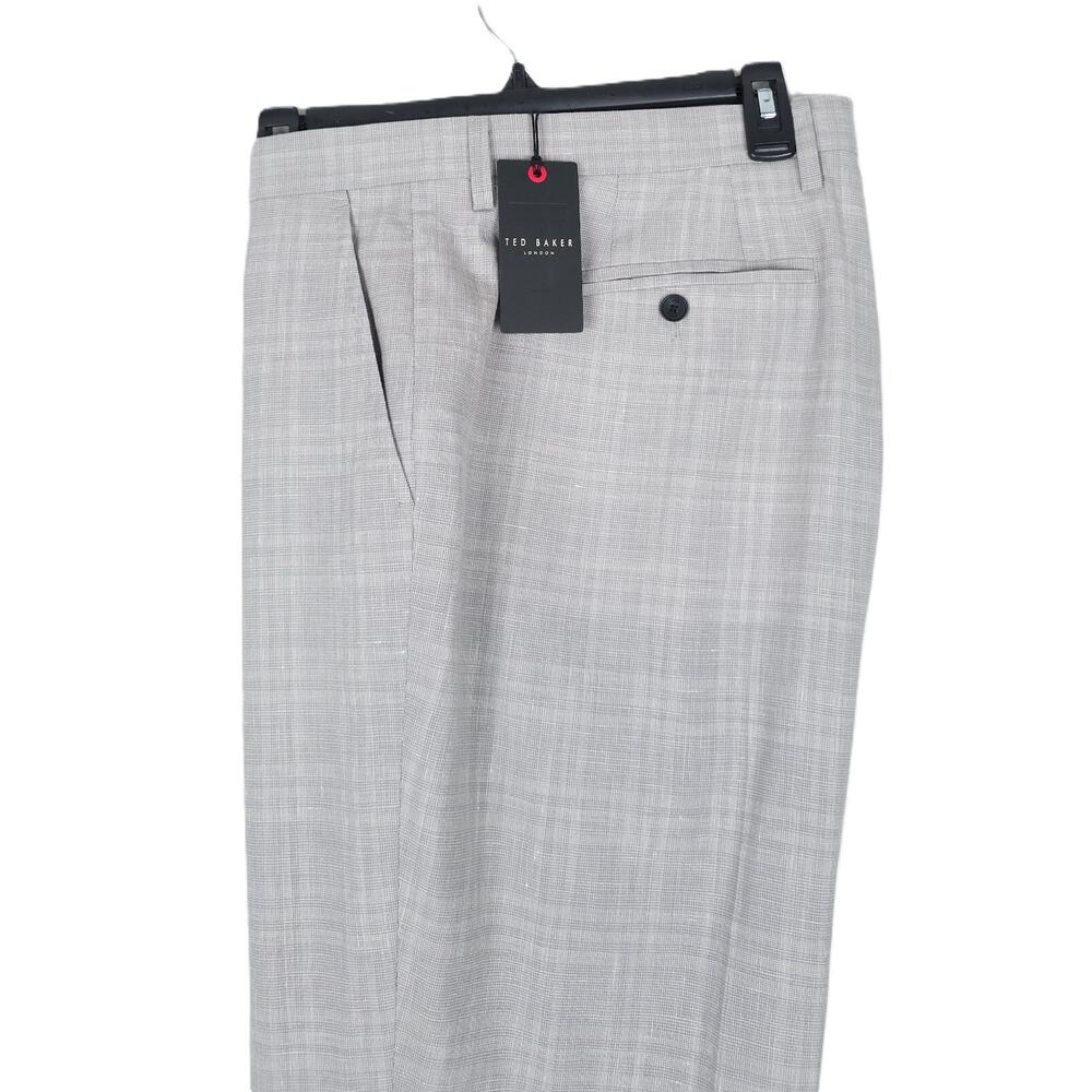 Ted Baker Mens Slim Fit Dress Pants 38x30 Light Grey Plaid Wool Linen Blend NWT